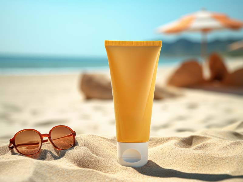 Sunglasses and a tube of sunscreen on a beach. 